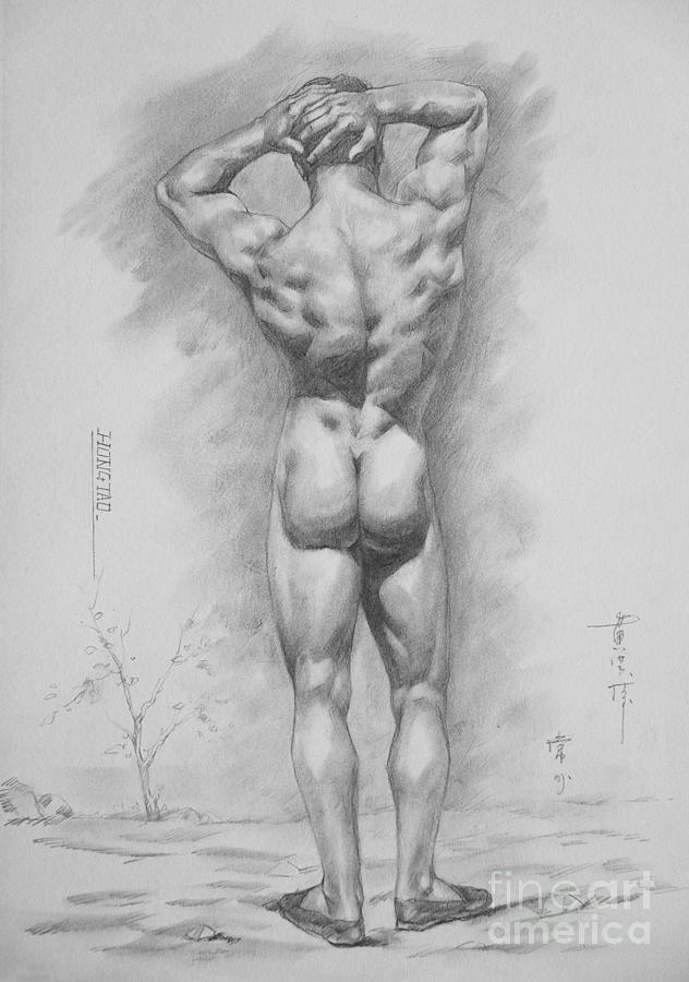 Original Charcoal Drawing Art Male Nude  On Paper #16-3-11-27 Drawing by Hongtao Huang
