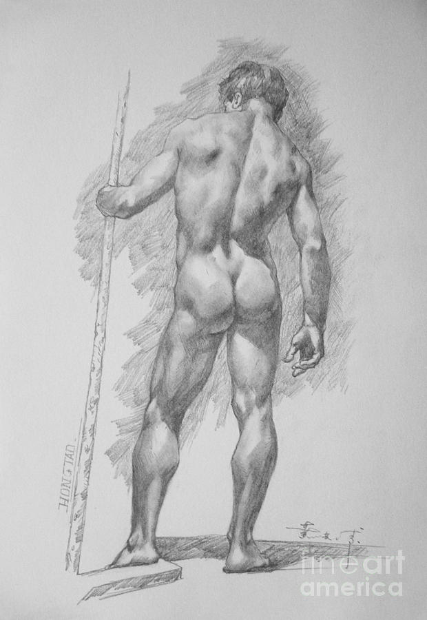 Original Charcoal Drawing Art Male Nude  On Paper #16-3-11-28 Drawing by Hongtao Huang