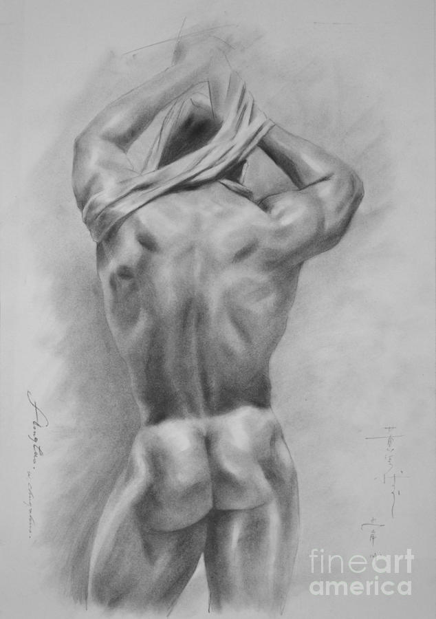 Original Charcoal Drawing Art Male Nude  On Paper #16-3-11-31 Drawing by Hongtao Huang