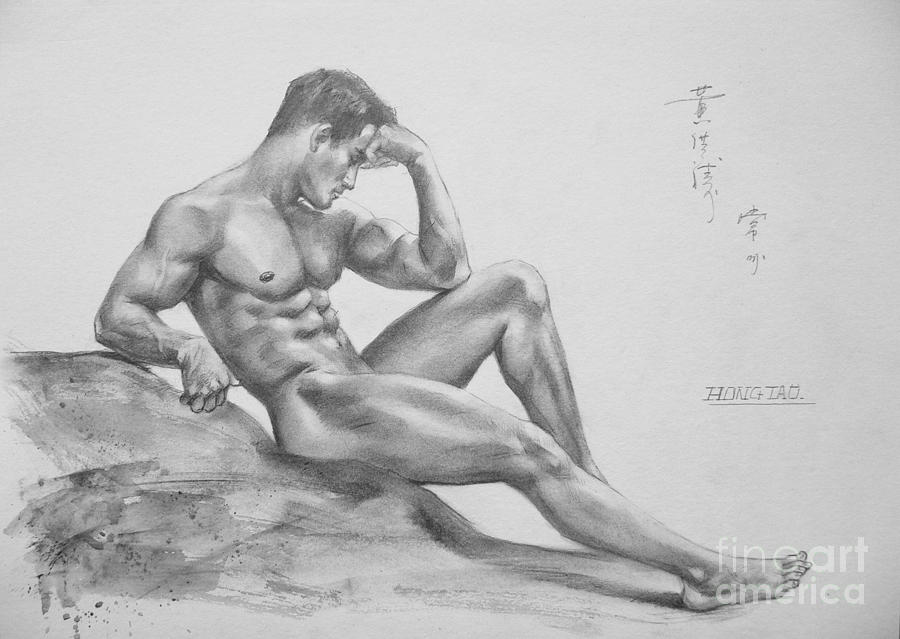 Original Charcoal Drawing Art Male Nude  On Paper #16-3-11-35 Drawing by Hongtao Huang