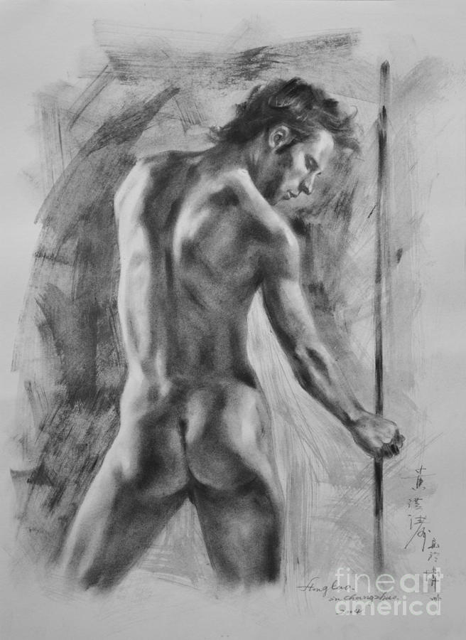 Original Charcoal Drawing Art Male Nude  On Paper #16-3-11-37 Drawing by Hongtao Huang
