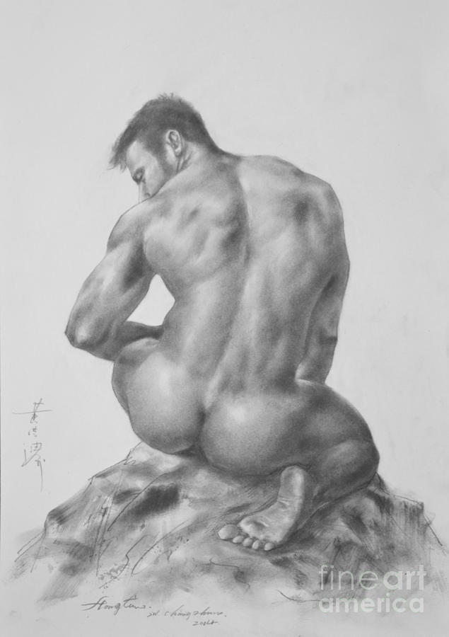 Original Charcoal Drawing Art Male Nude On Paper #16-3-18-04 Drawing by Hongtao Huang