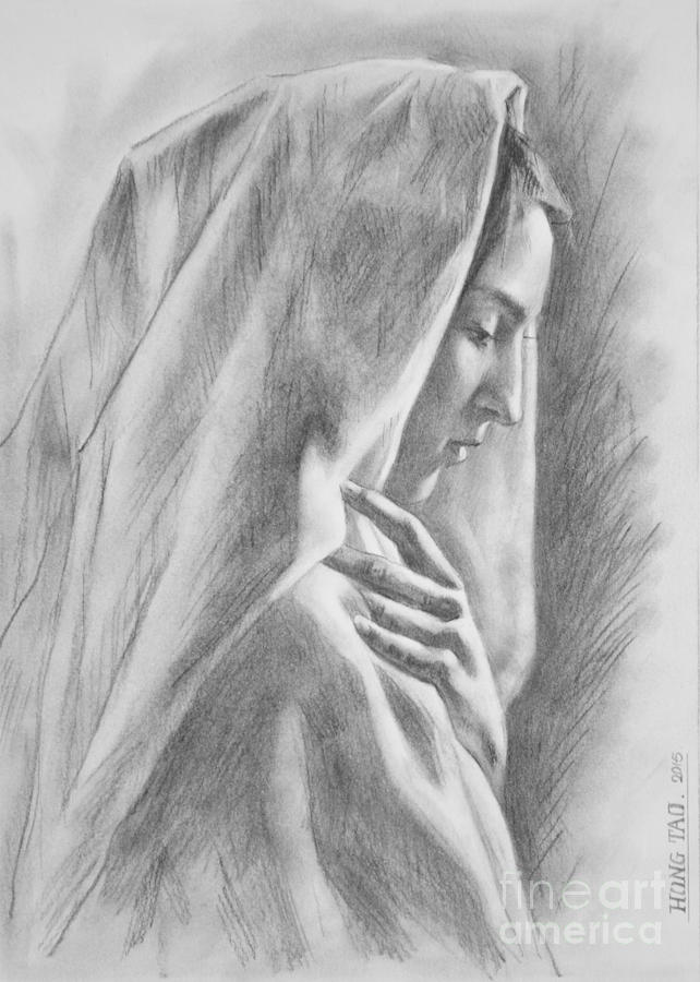 Original Charcoal Drawing Art Portrait Of Beautiful Girl On Paper #16-3-11-39 Drawing by Hongtao Huang