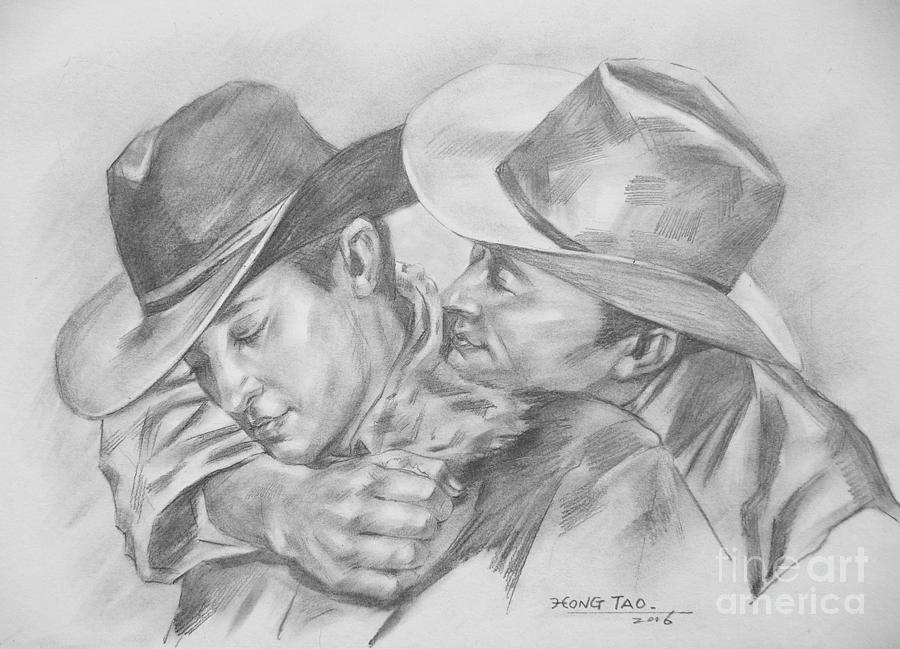 Original Charcoal Drawing Art Portrait  Of Cowboys On Paper #16-3-18-01 Drawing by Hongtao Huang