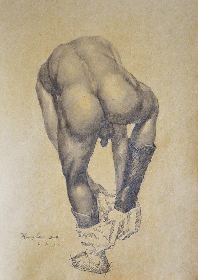 Charcoal Painting - Original Charcoal Drawing Male Nude Gay Interest Man On Paper #6-30-2 by Hongtao Huang