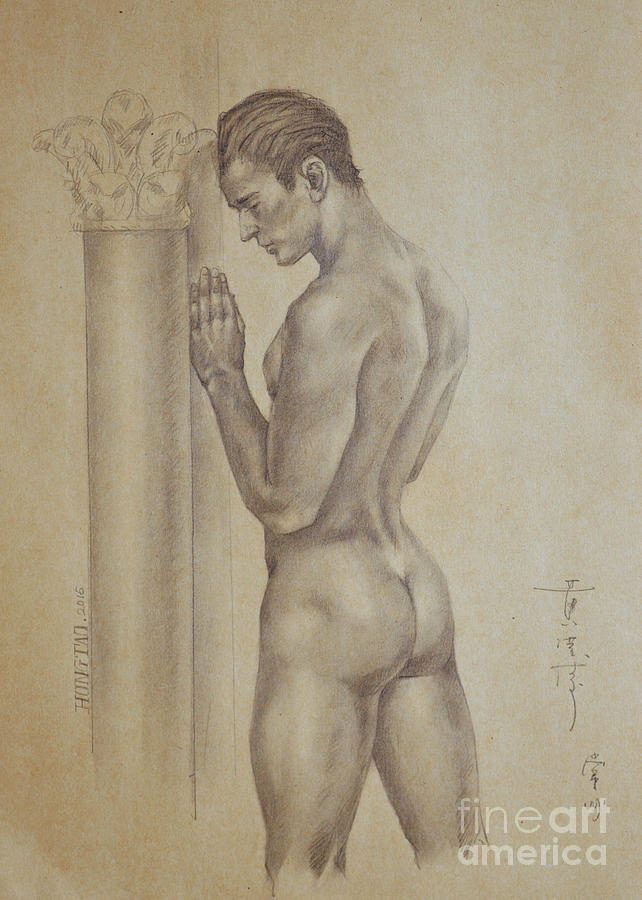 Original Charcoal Drawing Male Nude Gay Interest Man On Paper #6-30-3 Drawing by Hongtao Huang