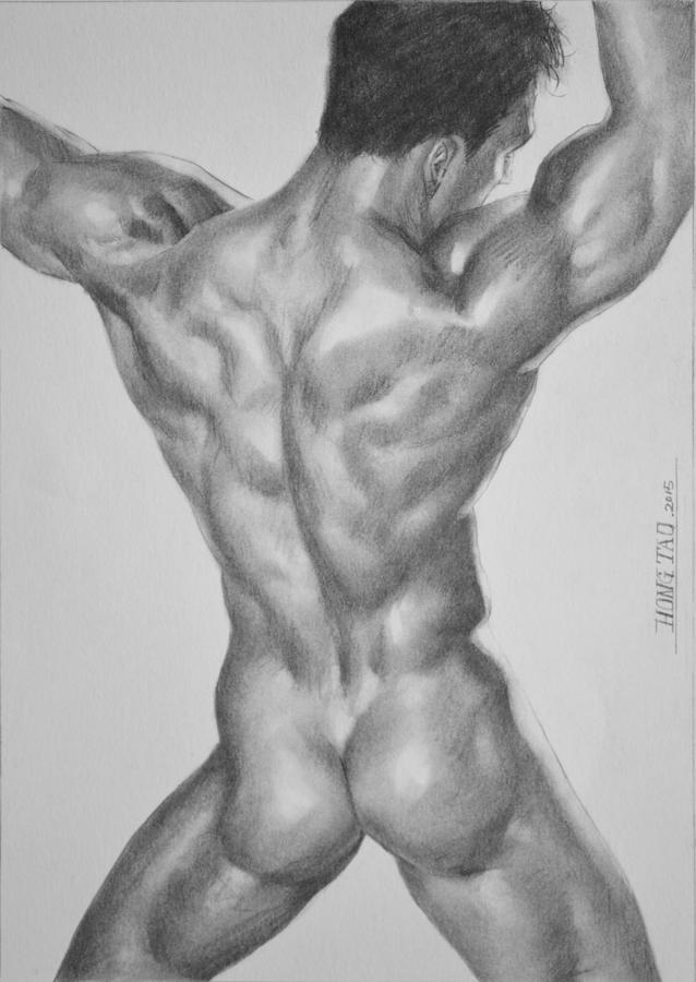 Original Charcoal Drawing Male Nude Gay Interest Man On Paper #7-1-3 Drawing by Hongtao Huang