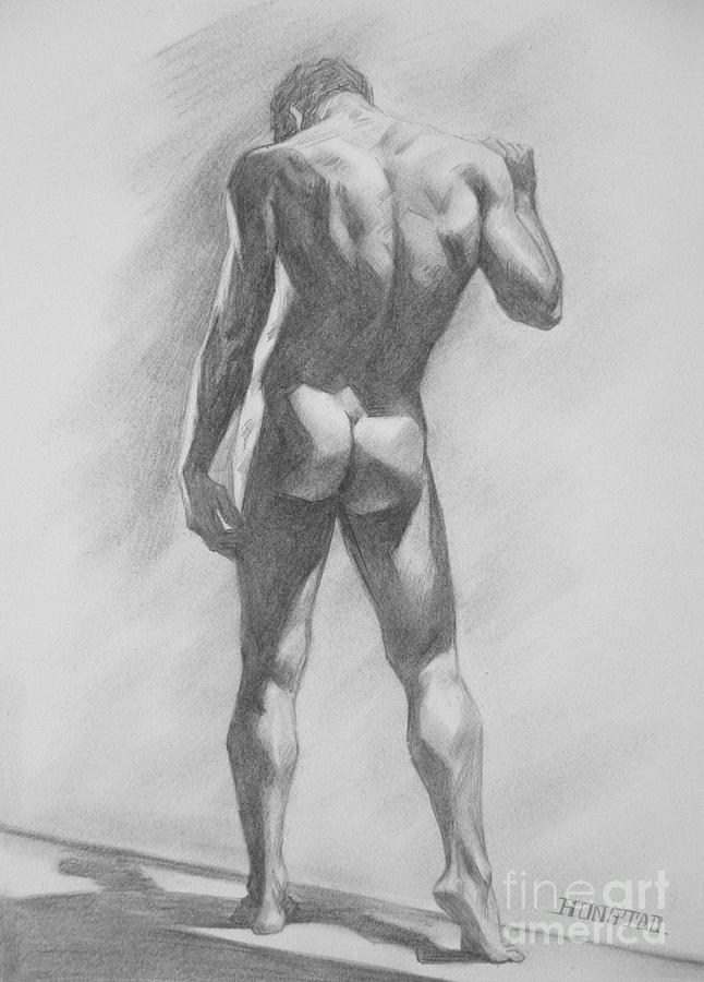 Original Charcoal Drawing Male Nude Mam On Paper #16-1-15-02 Painting