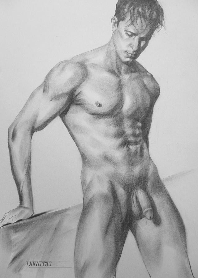 Original Charcoal Drawing Male Nude Man On Paper #16-1-15 Drawing by Hongta...