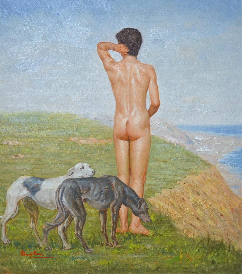 Original Classic Oil Painting Man Body Art- Male Nude And Dogs#16-2-1-06 Painting by Hongtao Huang
