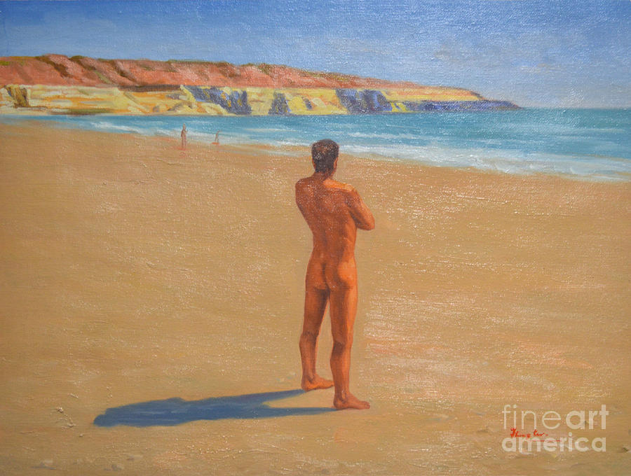 Hongtao Drawing - Original Classic Oil Painting Man Body Art Male Nude By The Sea-0017 by Hongtao Huang