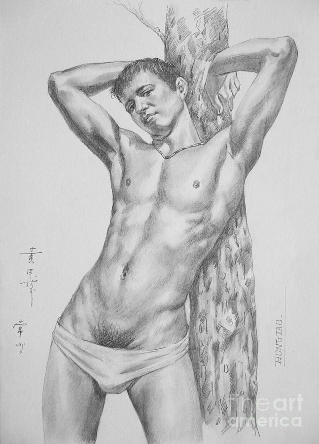 Original Drawing Art Male Nude Men Gay Interest  Boy On Paper By Hongtao #11-16-06 Drawing by Hongtao Huang