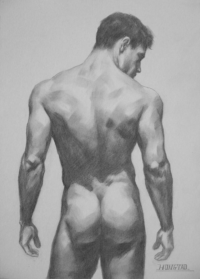 Black And White Drawing - Original  Drawing Artwork Male Nude Men  On Paper #16-1-7 by Hongtao Huang