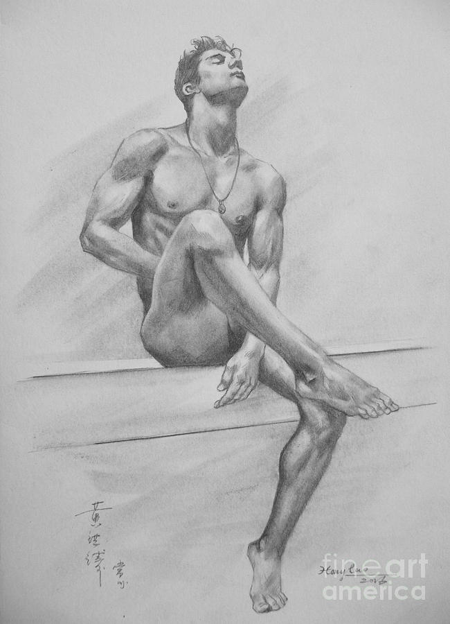 Original Drawing Charcoal Male Nude Boy Man On Paper #16-3-29-01 Drawing by Hongtao Huang