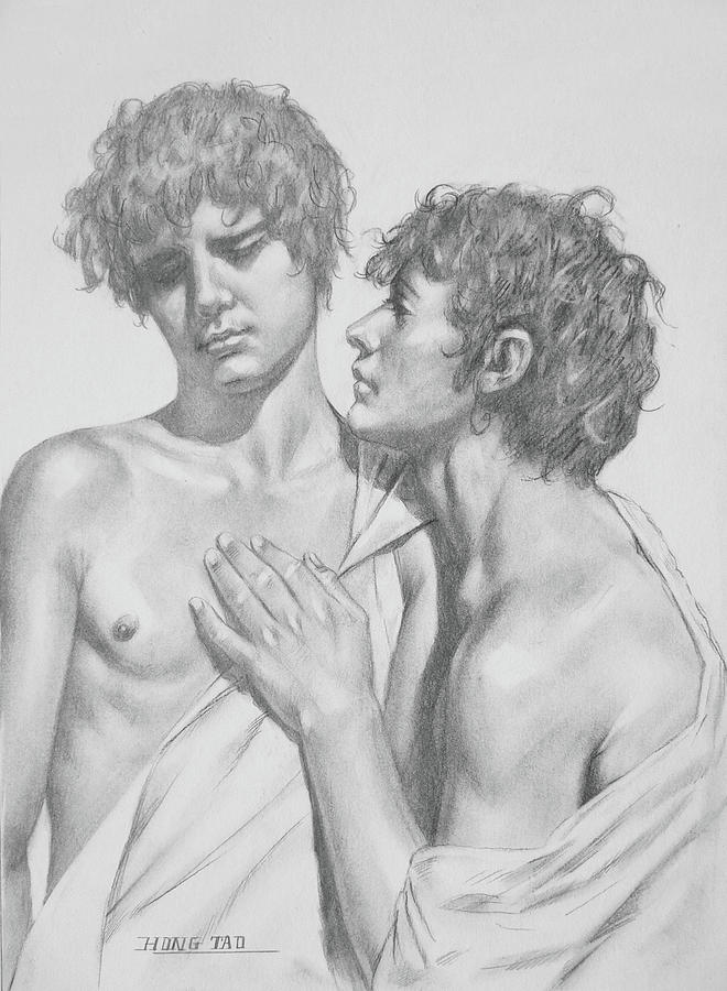 Original Drawing Charcoal Male Nude Gay Boys On Paper #16-5-25-02 Drawing by Hongtao Huang
