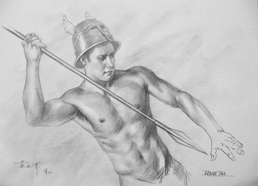 Original Drawing Charcoal  Male Nude Man On Paper#16-10-5-01 Drawing by Hongtao Huang