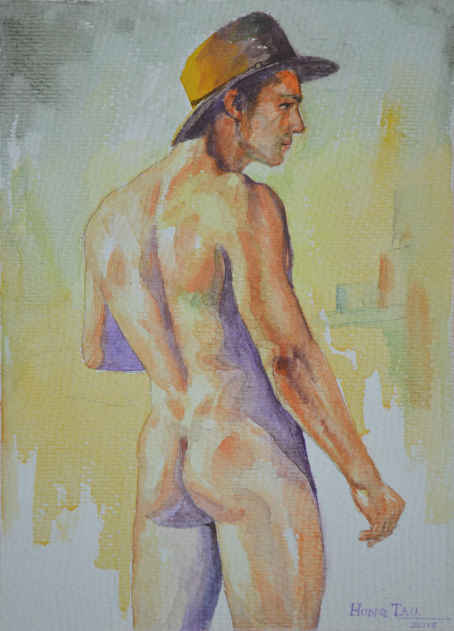Original Drawing Classic Watercolor Painting Man Body Art-male Nude On Paper #11-17-16 Painting by Hongtao Huang