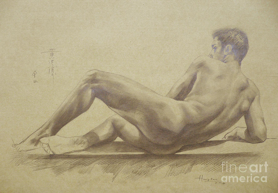 Original Drawing  Male Nude Pencil On Paper #16-6-1 Drawing by Hongtao Huang
