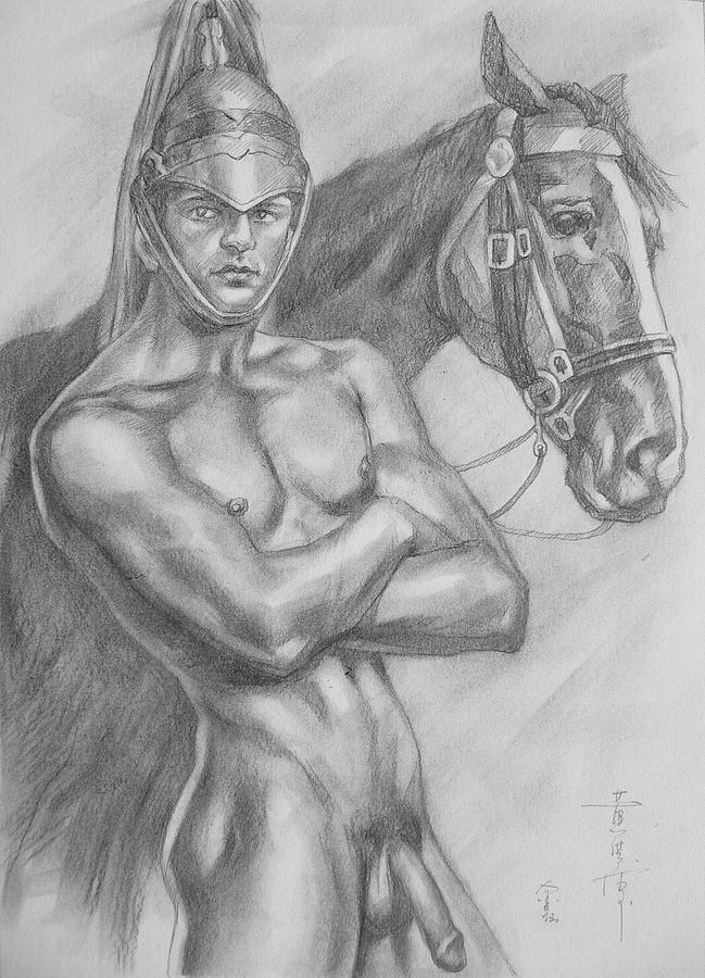 Original drawing pencil male nude and horse#17317 Drawing by Hongtao Huang