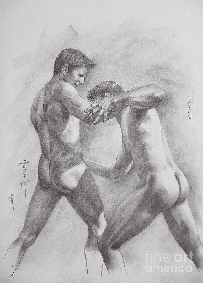 Original Drawing Sketch Art Male Nude Men Gay Interest Boy On Paper By Hongtao #11-17-05 Painting by Hongtao Huang