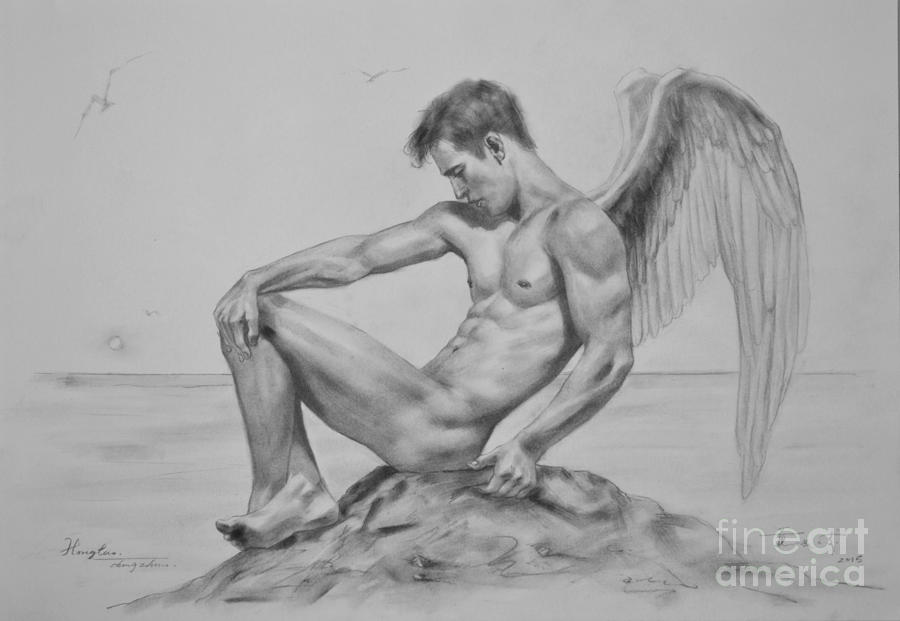 Original Drawing Sketch Charcoal Art Angel Of Male Nude Men Gay Interest On Paper #11-16-09 Painting by Hongtao Huang
