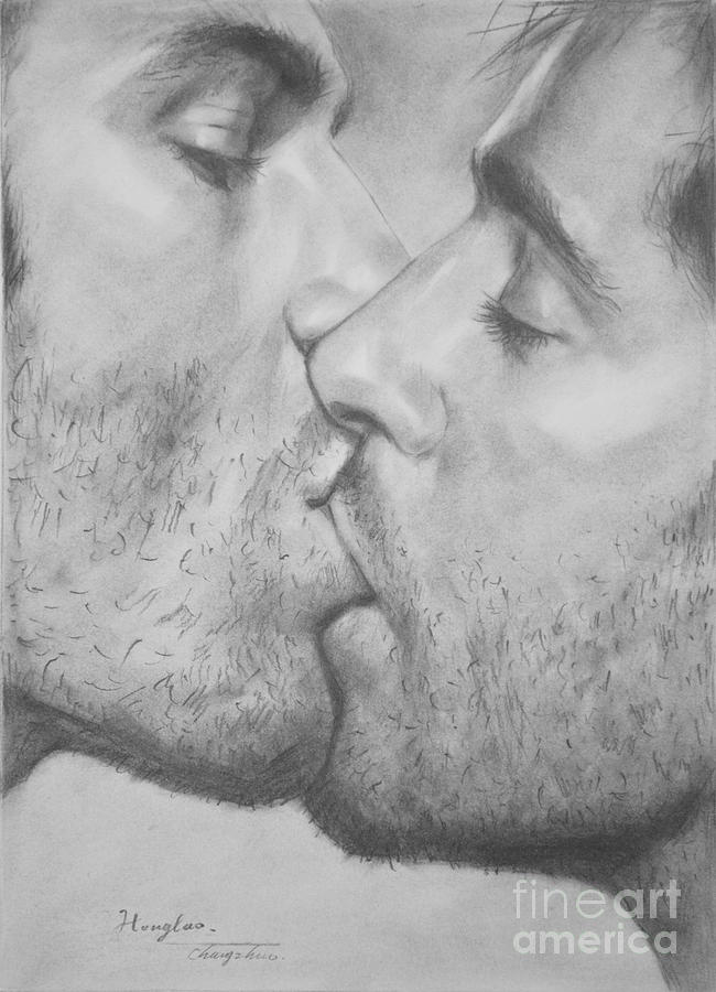 Original Drawing Sketch Charcoal Chalk Gay Man Art - Kiss Pencil On Paper -...