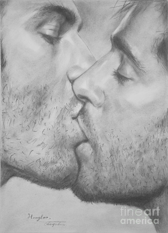 Hongtao Painting - Original Drawing Sketch Charcoal Chalk Gay Man Art - Kiss Pencil On Paper -025 by Hongtao Huang