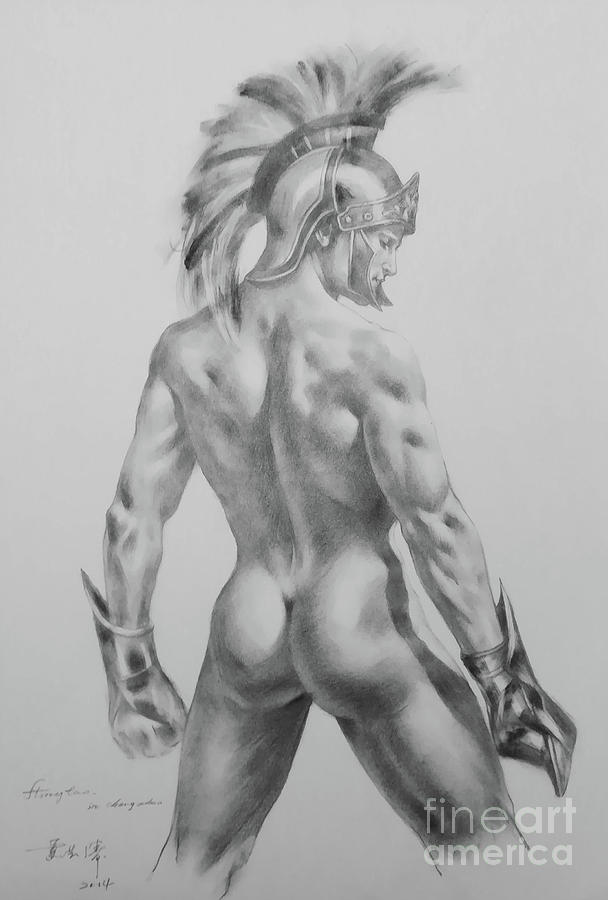 Original Drawing Sketch Charcoal Chalk Male Nude Gay Interst Man Art Pencil On Paper -0040 Drawing by Hongtao Huang