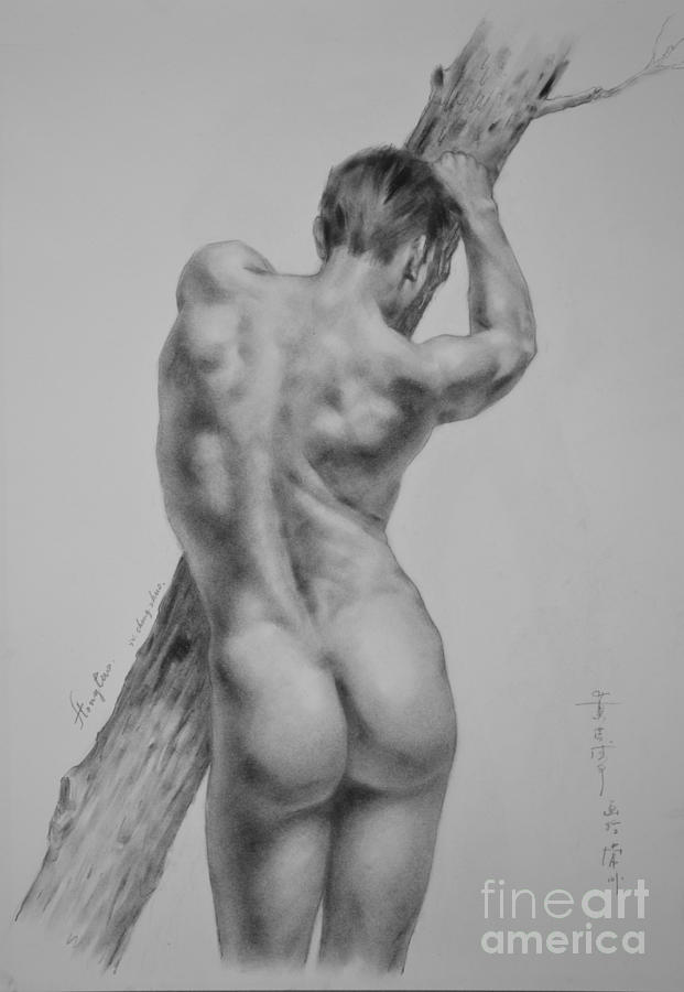 Original Drawing Sketch Charcoal  Gay Interest Man Art Pencil On Paper -0077 Painting by Hongtao Huang