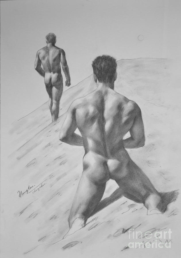 Original Drawing Sketch Charcoal Male Nude Gay Interest Man Art Pencil On Paper -0027 Painting by Hongtao Huang