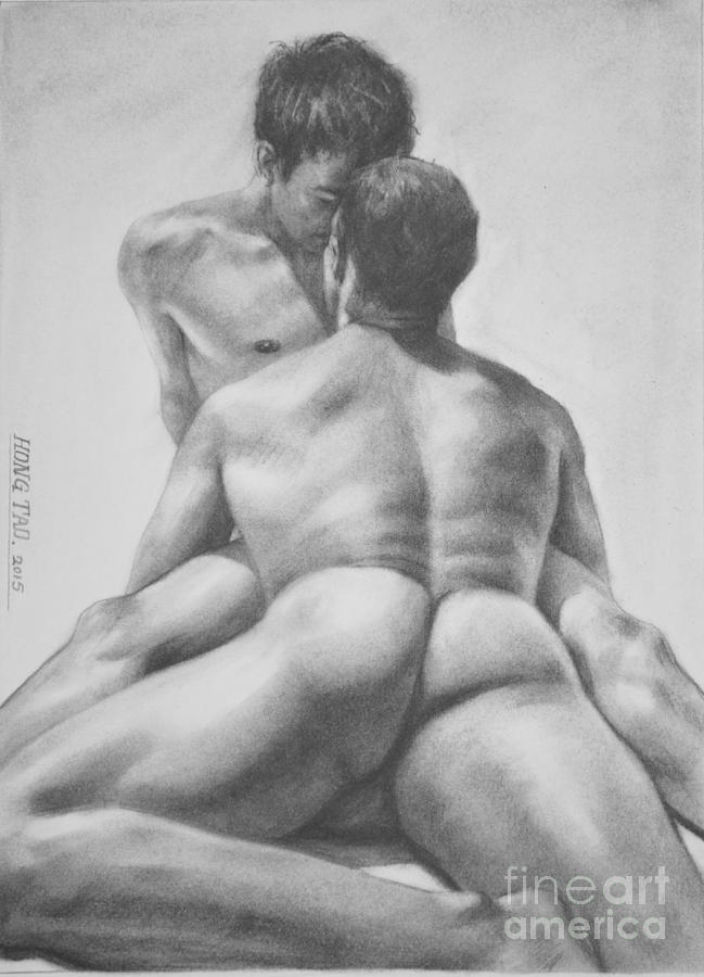 Original Drawing Sketch Charcoal Male Nude Gay Interest Man Art  Pencil On Paper -0028 Painting by Hongtao Huang