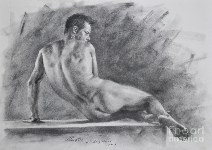 Original Drawing Sketch Charcoal Male Nude Gay Interest Man Art Pencil On Paper -0038 Painting by Hongtao Huang
