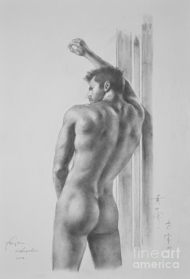 Charcoal Painting - Original Drawing Sketch Charcoal Male Nude Gay Interest Man Art Pencil On Paper -0039 by Hongtao Huang