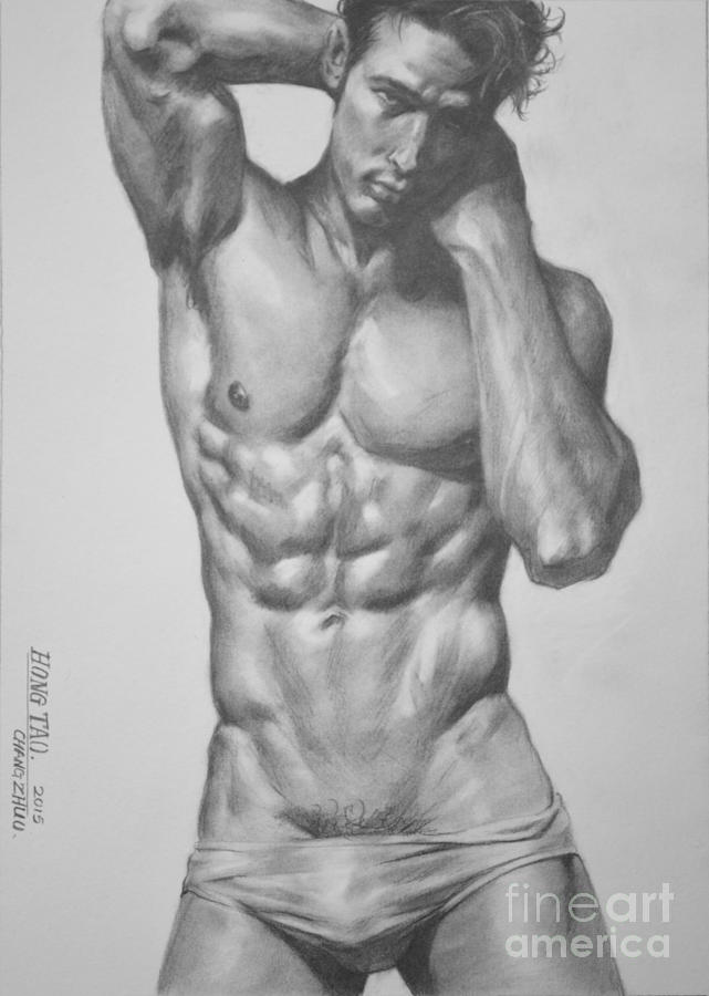 Original Drawing Sketch Charcoal  Male Nude Gay Interest Man Art Pencil On Paper -0043 Painting by Hongtao Huang