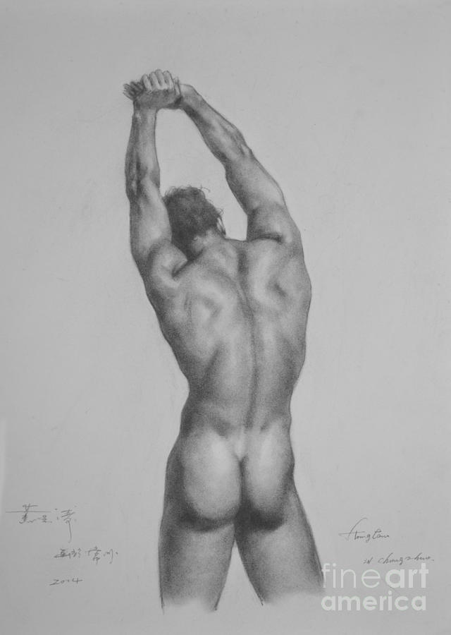 Original Drawing Sketch Charcoal Male Nude Gay Interest Man Art Pencil On Paper-0049 Painting by Hongtao Huang