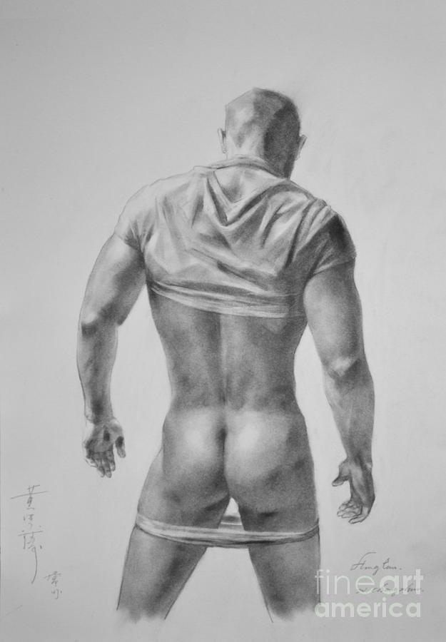 Original Drawing Sketch Charcoal Male Nude Gay Interest Man Art Pencil On Paper #11-17-19 Painting by Hongtao Huang