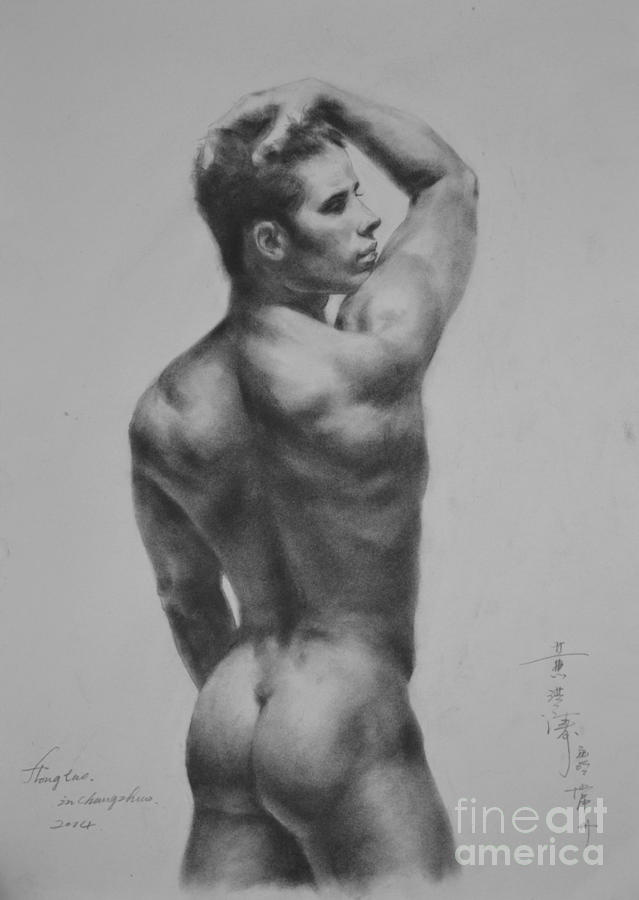 Original Drawing Sketch Charcoal Male Nude Gay Interest Man Art Pencil On Paper-0052 Painting by Hongtao Huang