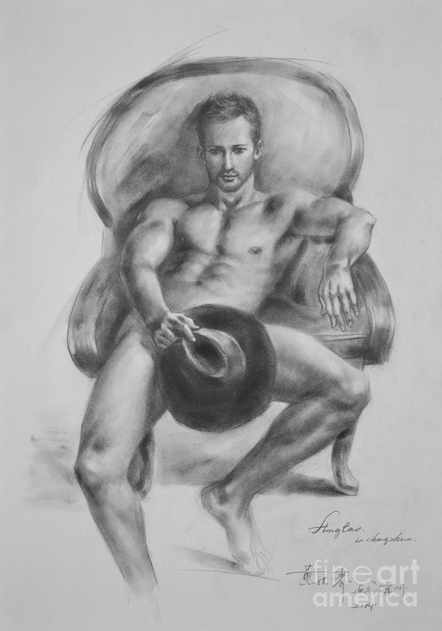 Charcoal Painting - Original Drawing Sketch Charcoal  Male Nude Gay Interest Man Art Pencil On Paper-0054 by Hongtao Huang