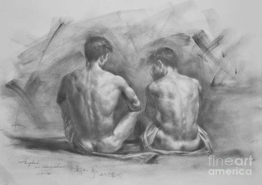 Charcoal Painting - Original Drawing Sketch Charcoal Male Nude Gay Interest Man Body Art Pencil On Paper -0053 by Hongtao Huang