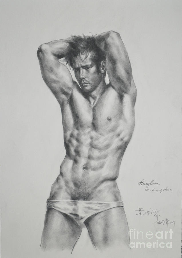 Original Drawing Sketch Charcoal Male Nude Gay Interest Man Body Art Pencil On Paper -0056 Drawing by Hongtao Huang
