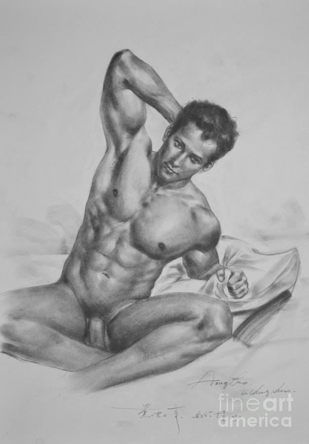 Original Drawing Sketch Charcoal Male Nude Gay Interest Man Body Art Pencil...