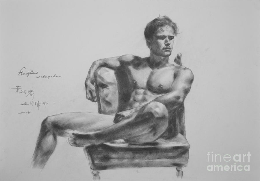 Original Drawing Sketch Charcoal Male Nude Gay Interest Man Sit On Sofa Art Pencil On Paper-0055 Painting by Hongtao Huang