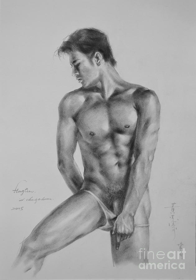 Original Drawing Sketch Charcoal  Male Nude Gay Man Art Pencil On Paper #11-17-14 Painting by Hongtao Huang