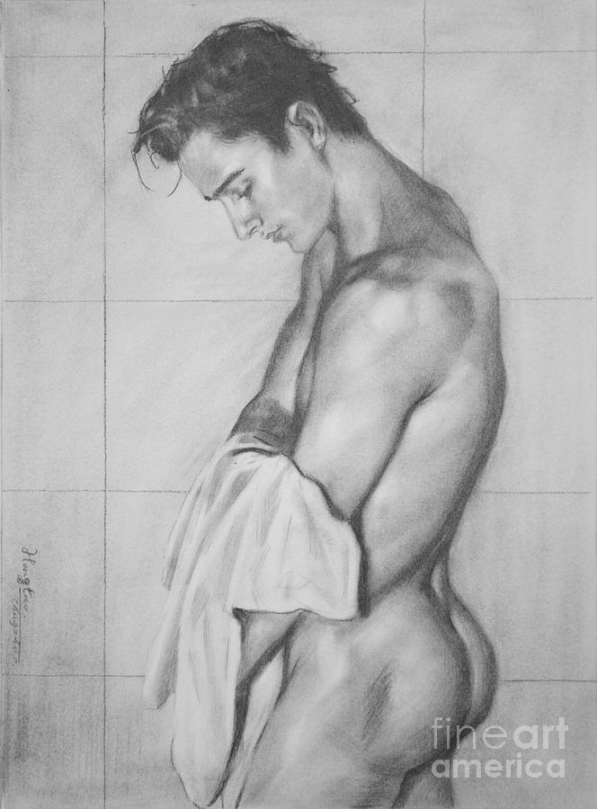 Original Drawing Sketch Charcoal  Male Nude Gay Man Art Pencil On Paper -026 Painting by Hongtao Huang