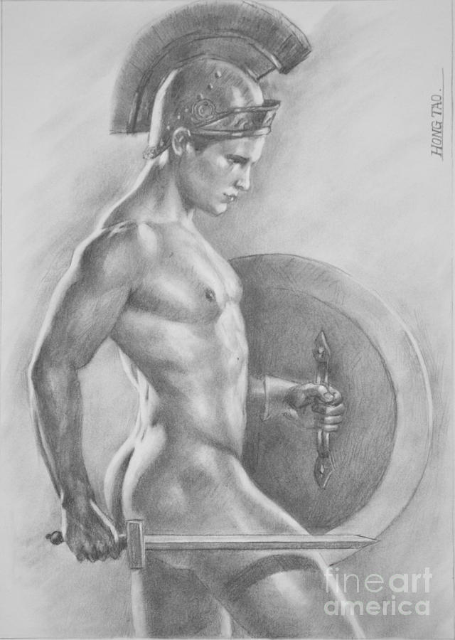 Original Drawing Sketch Charcoal  Male Nude Gay Man Art Pencil On Paper-073 Painting by Hongtao Huang