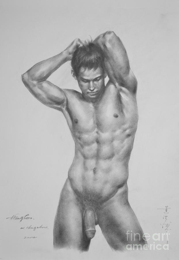 Original Drawing Sketch Charcoal Male Nude Gay Man Body Art Pencil On Paper...