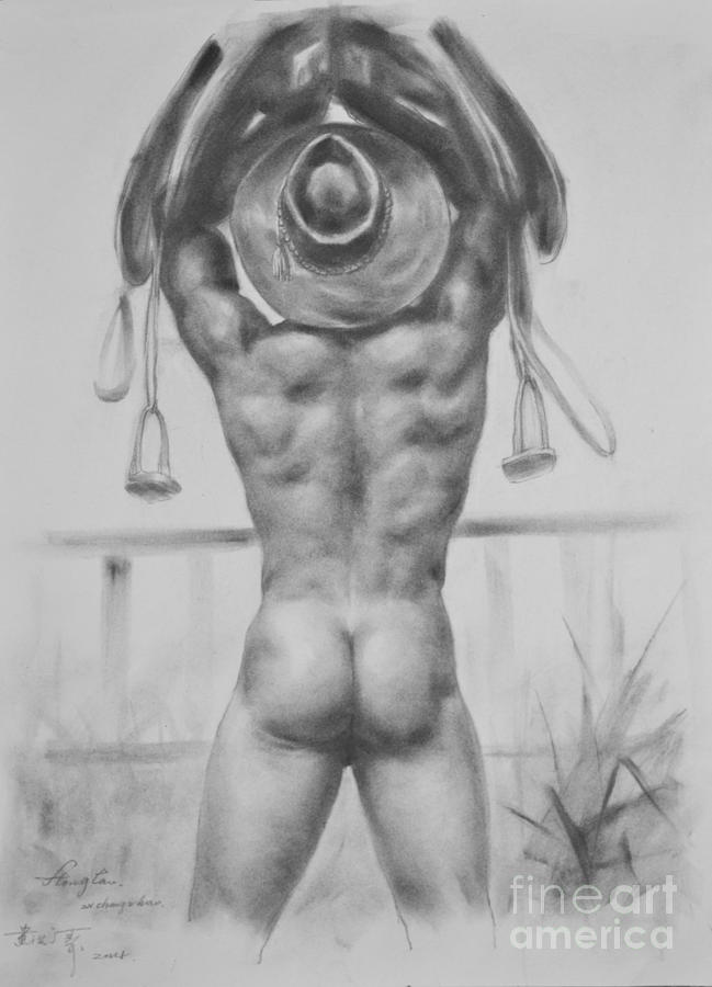 Original Drawing Sketch Charcoal Male Nude Gay Man Portrait Of Cowboy Art Pencil On Paper-0045 Painting by Hongtao Huang