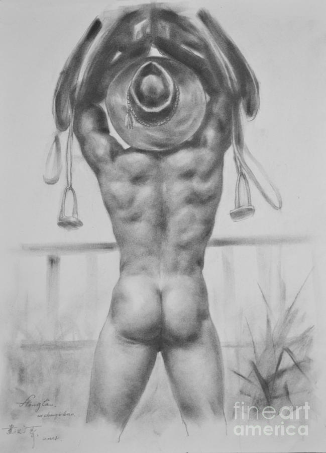 Charcoal Painting - Original Drawing Sketch Charcoal Male Nude Gay Man Portrait Of Cowboy Art Pencil On Paper-0045 by Hongtao Huang