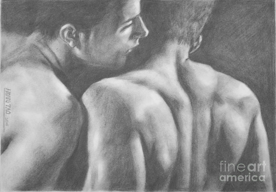 Charcoal Painting - Original Drawing Sketch Charcoal Man Body  Male Nude Gay Interest Man Art Pencil On Paper -0029 by Hongtao Huang