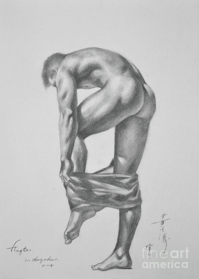 Original Drawing Sketch Charcoal Pencil Gay Interest Man Art  On Paper #11-17-14 Painting by Hongtao Huang